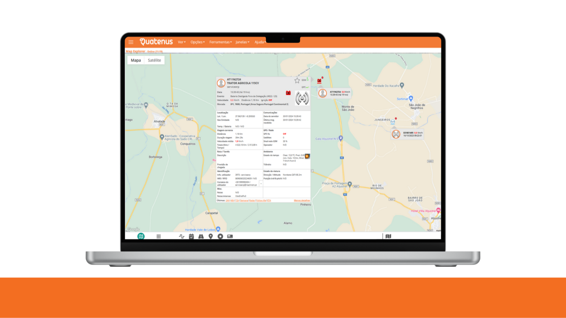 Laptop displaying a map and location panel in the Quatenus platform for real-time operational monitoring